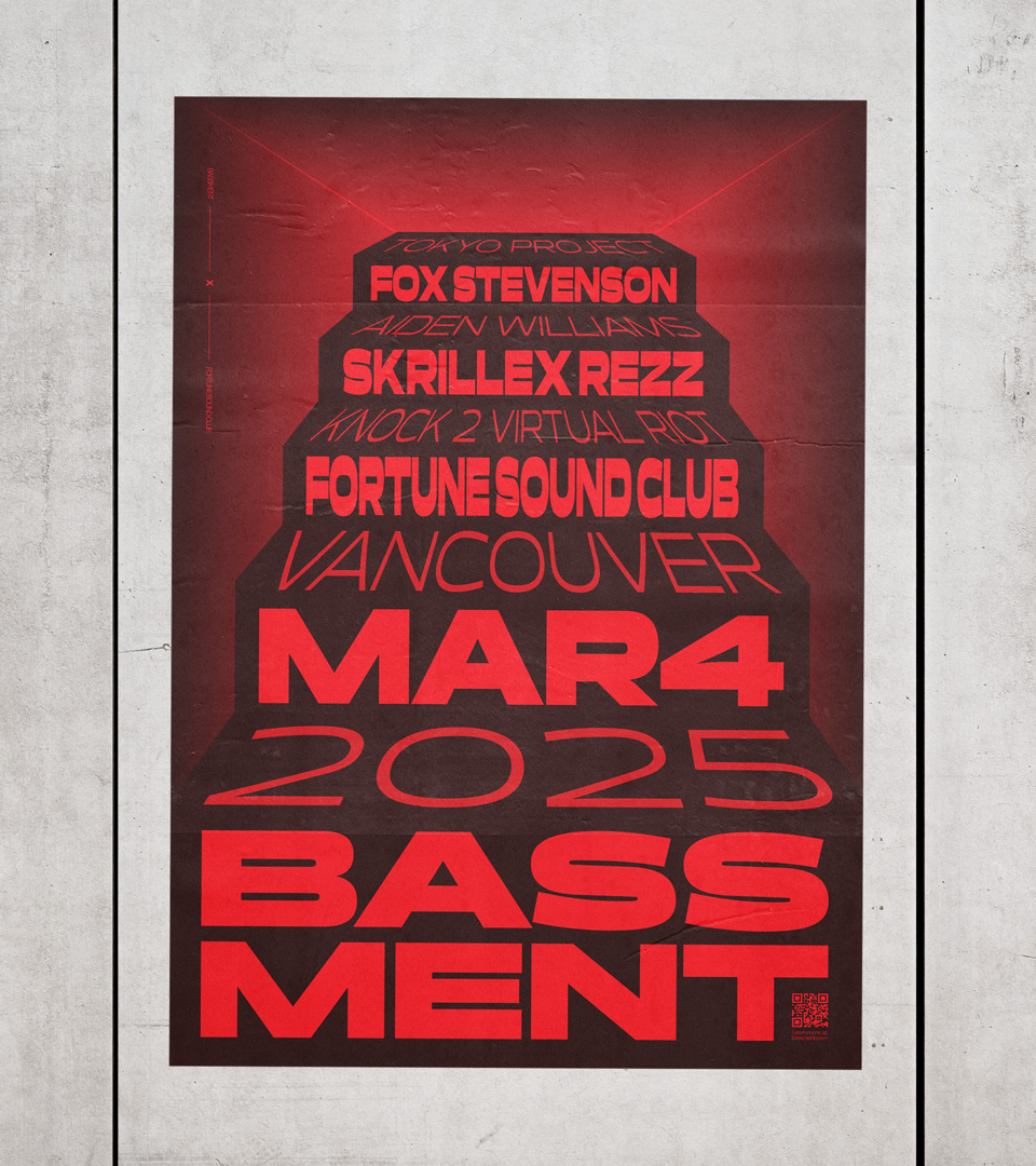 Mockup of the Bassment poster on a concrete wall.