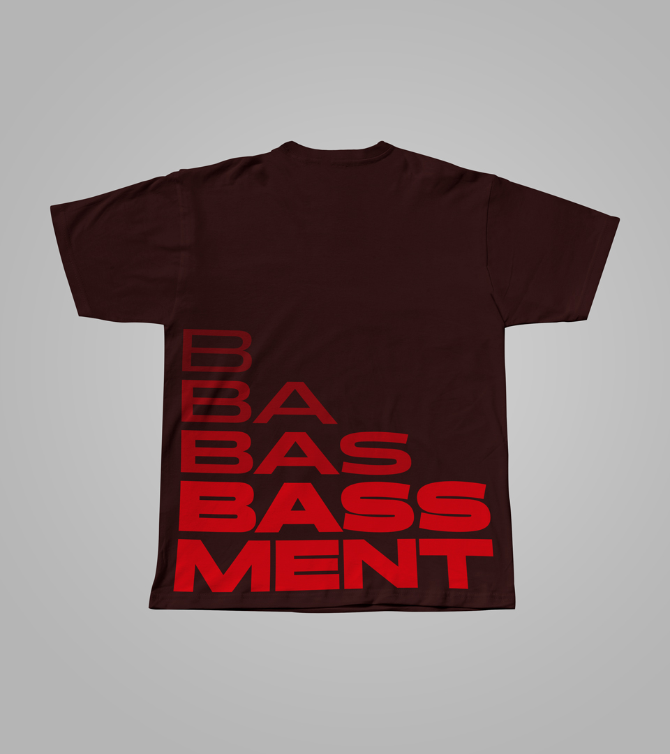Mockup of a t-shirt with Bassment branding.