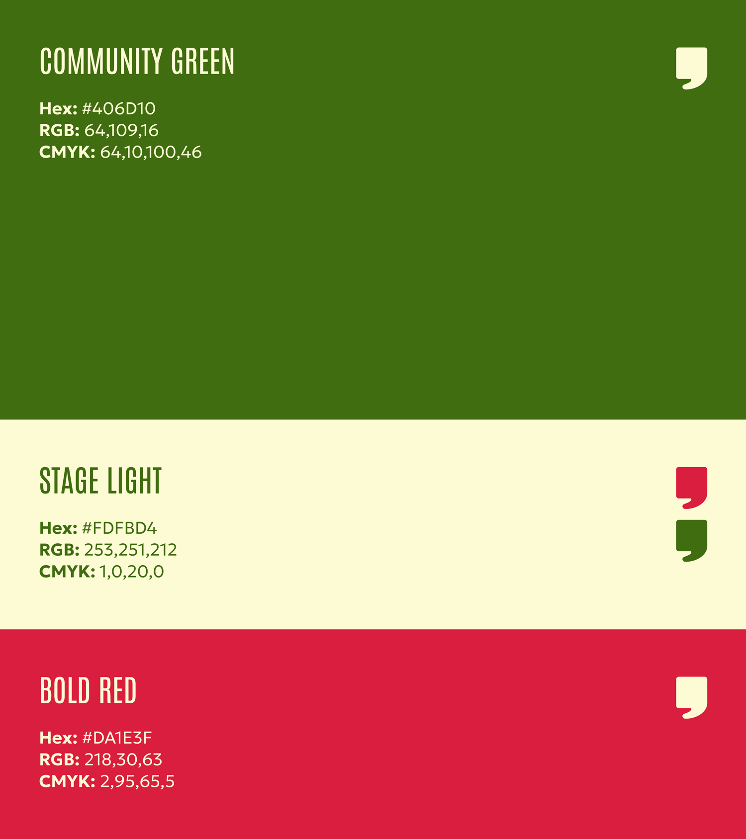 Graphic showing the brand colours which are green, cream and red.