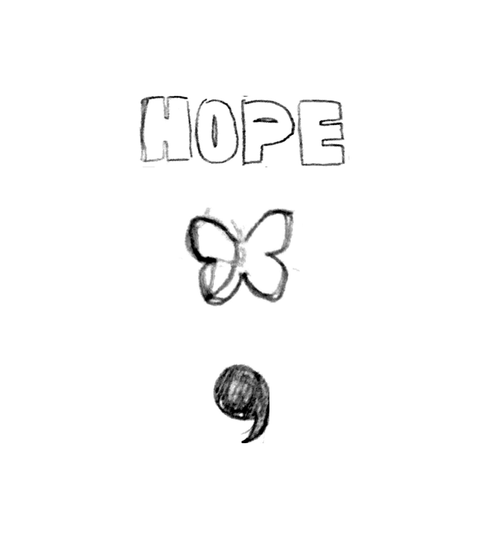 Sketches of the word Hope, a butter and a comma.