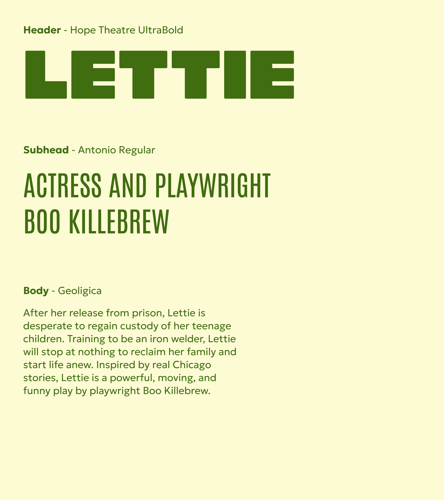 Graphic showing the type hierarchy and typefaces used for Hope Theatre.