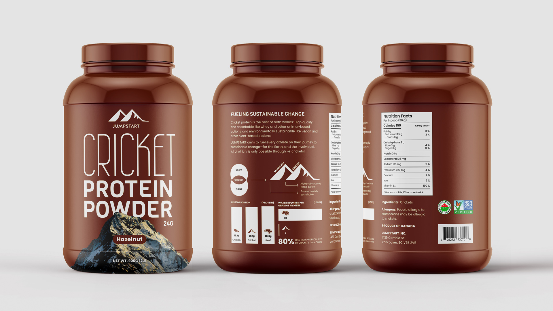 Image of a mockup of three protein powder jars that are the hazelnut flavour.