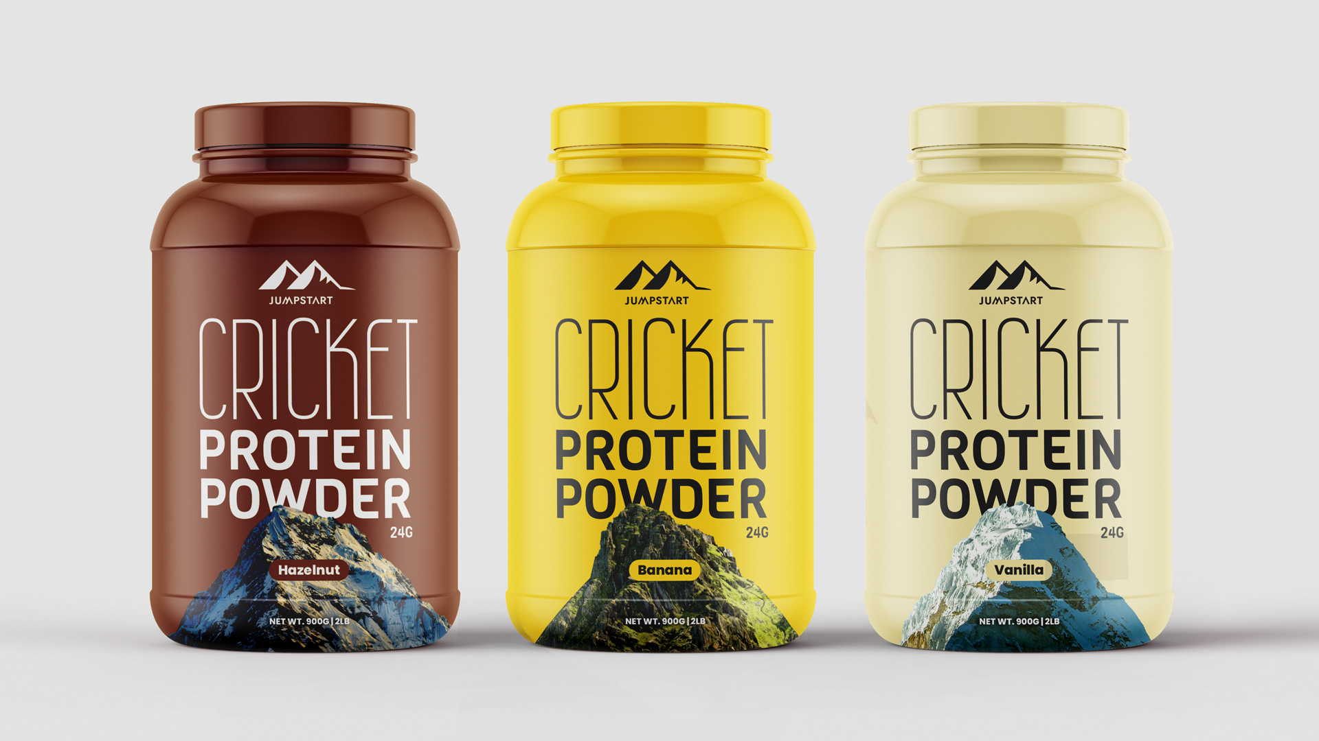 Image of a mockup of three protein powder jars that are the hazelnut, banana and vanilla flavours.