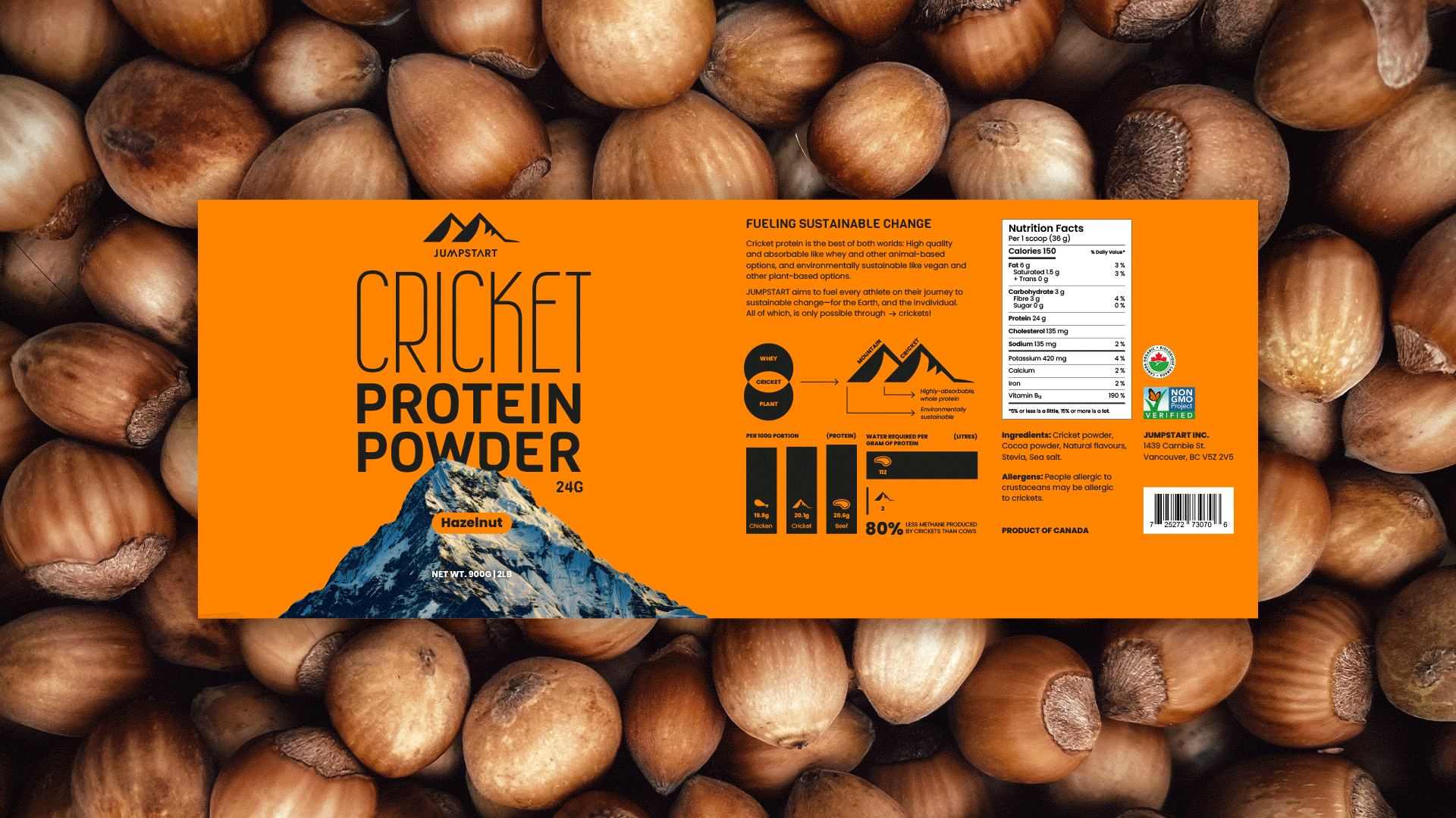 Image of the Jumpstart hazelnut-flavoured protein powder dieline.