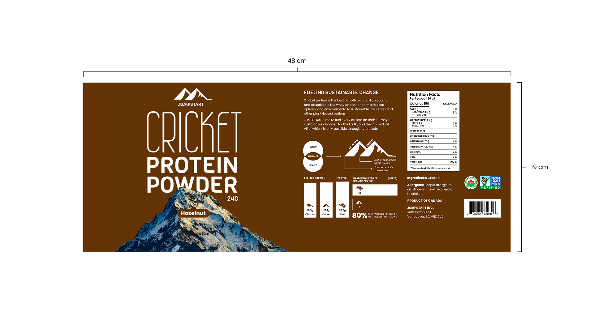 Image of the Jumpstart hazelnut-flavoured protein powder dieline.