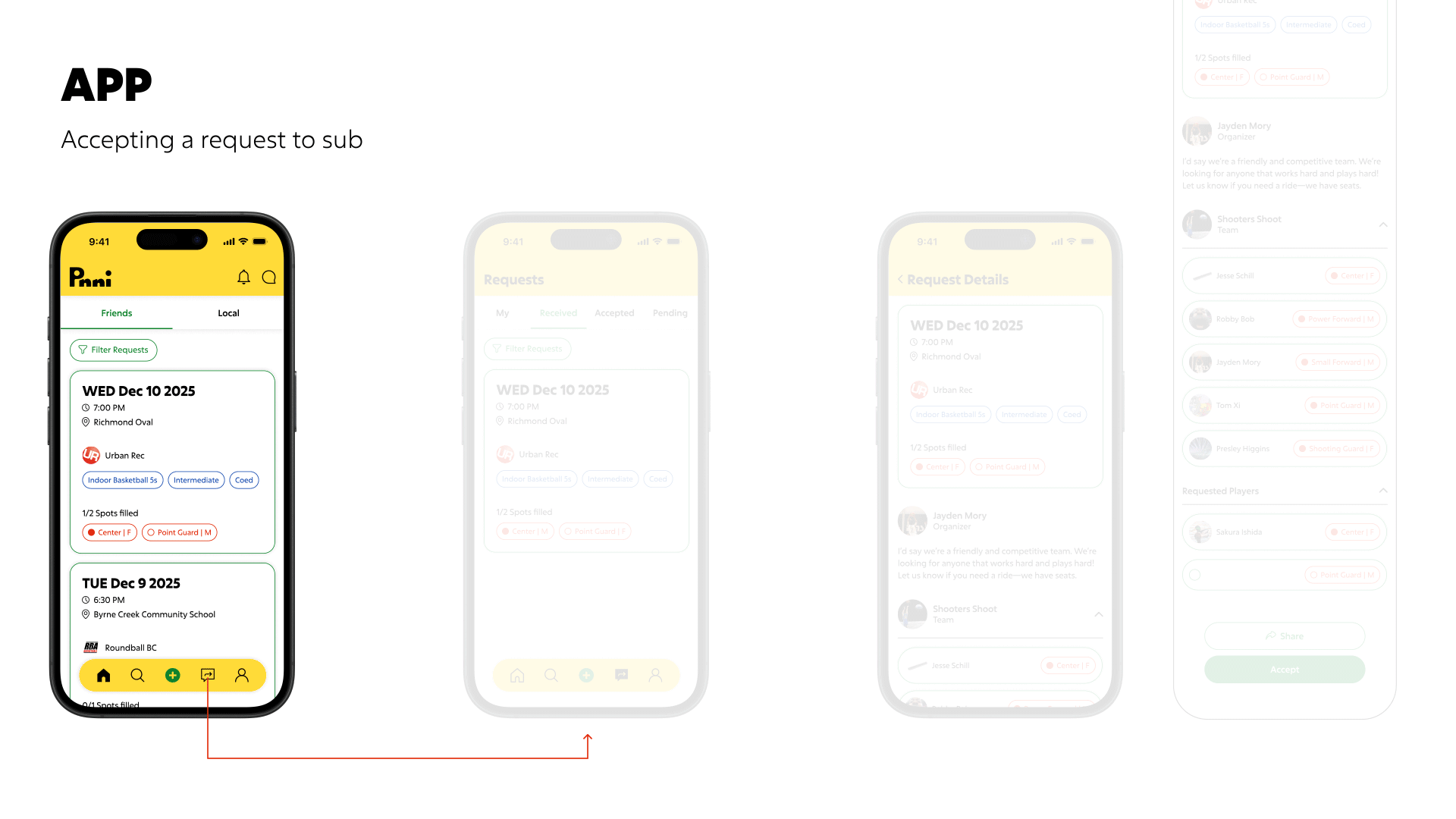 Gif of the user flow of accepting a request to sub.