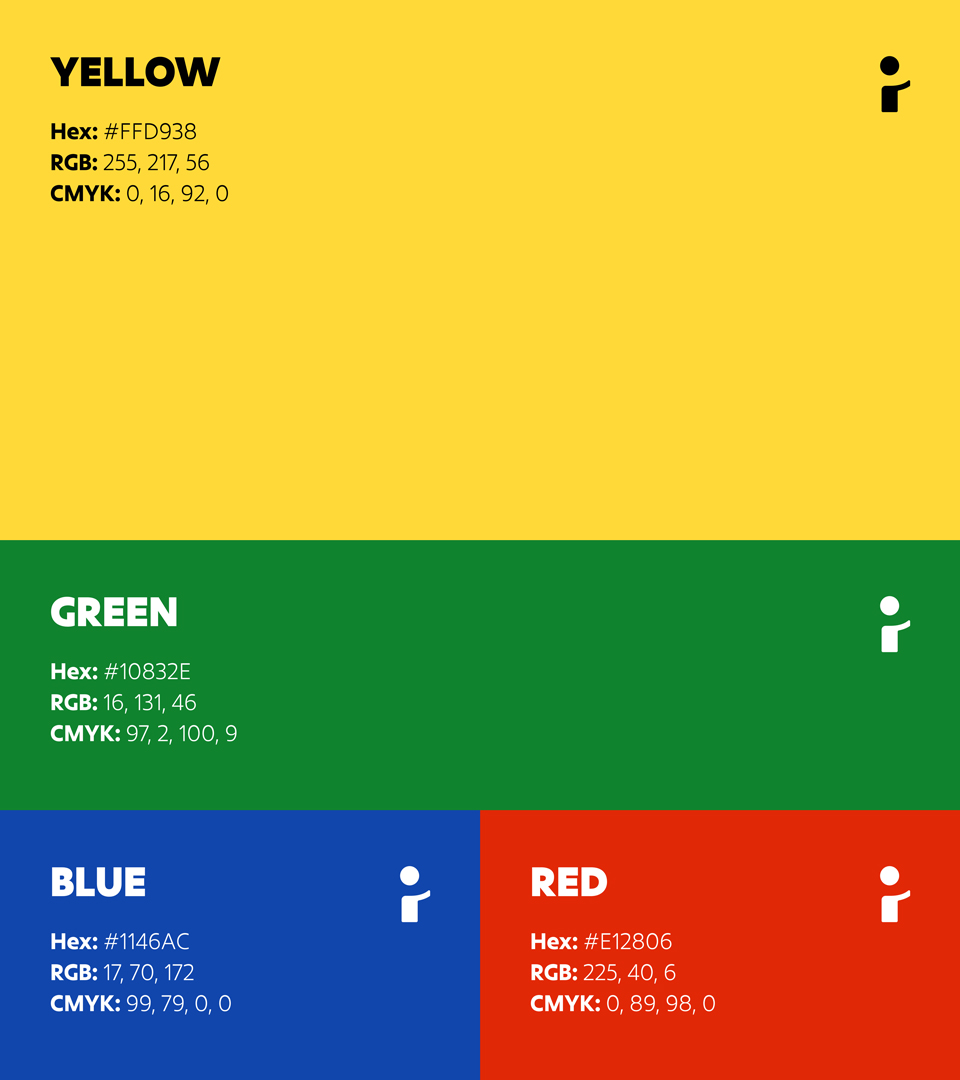Graphic showcasing Pinni's brand colours, which are yellow, green blue and red.