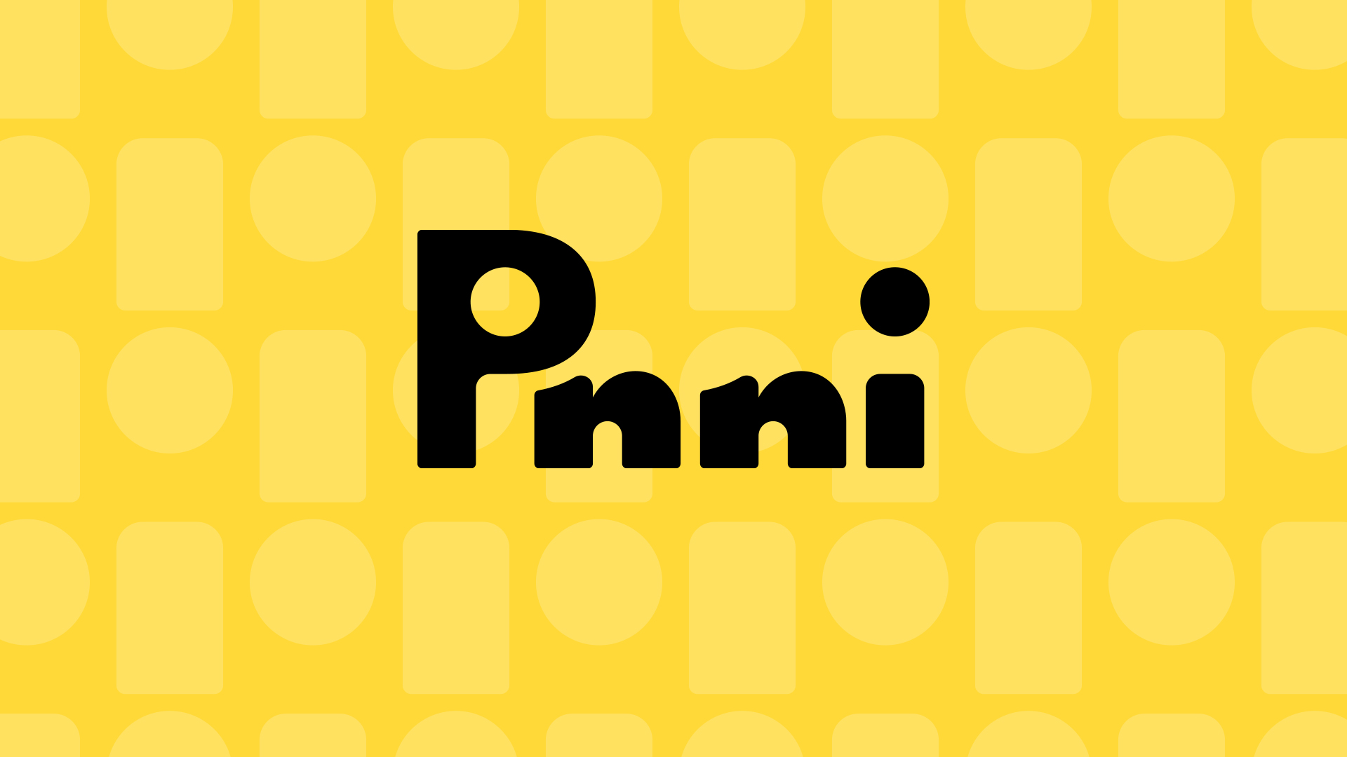 Pinni logo in black, superimposed over a yellow Pinni-branded background pattern.