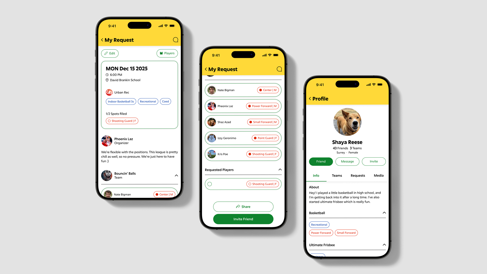 Mockup of three phones side by side with Pinni app screens opened.