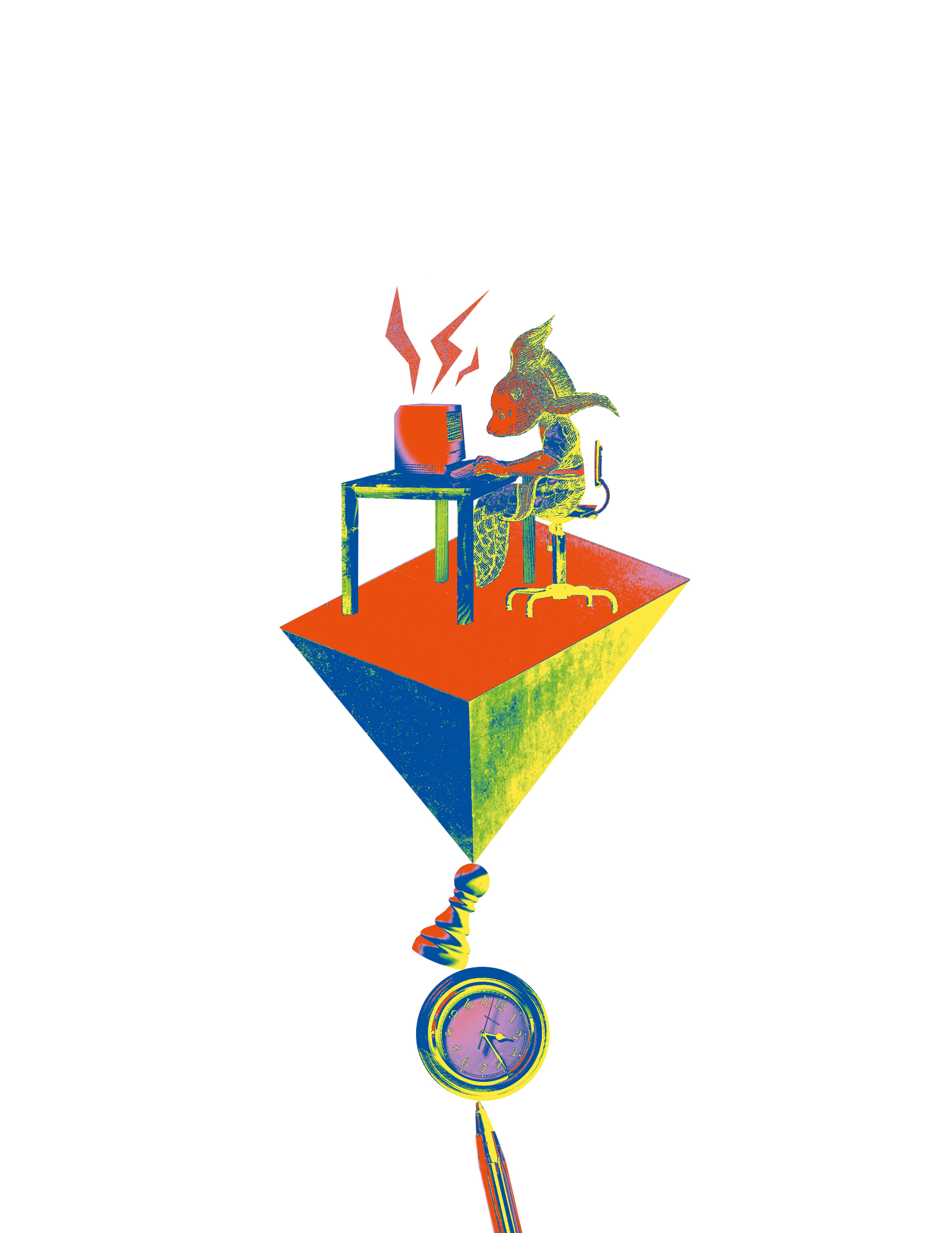 Collage graphic poster of a fish typing on a computer, on a balanced tower of objects.