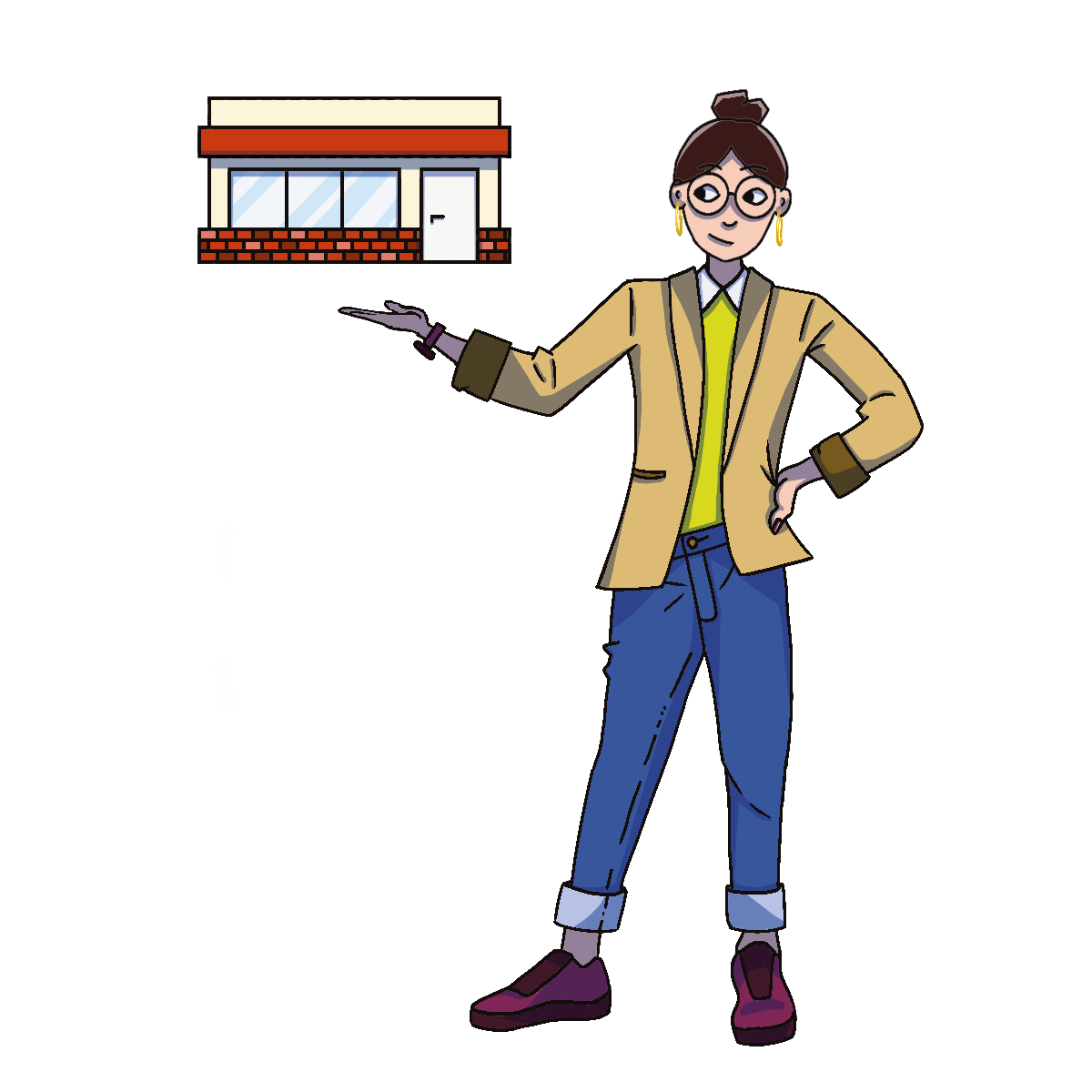 Spot illustration of a woman holding up a small building.