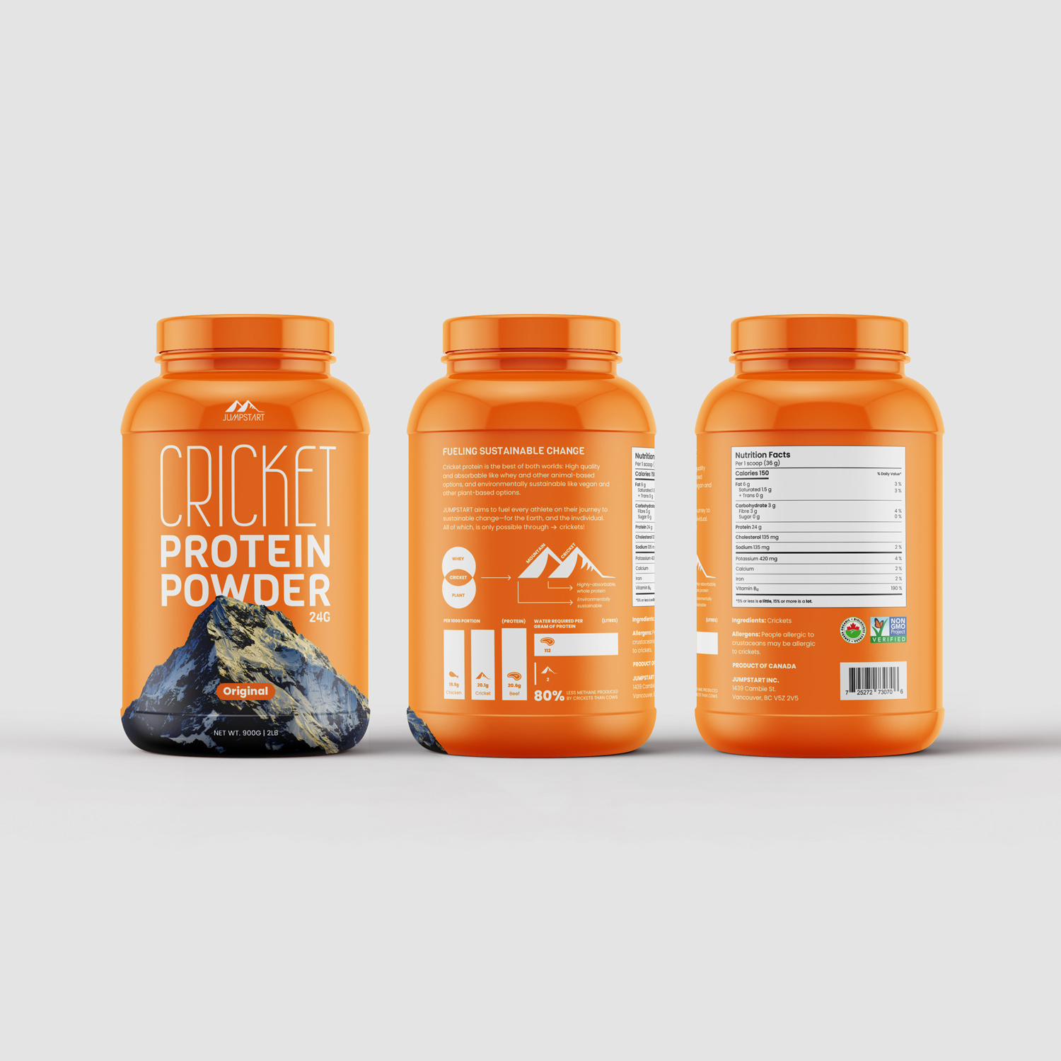 Jumpstart sustainable cricket protein powder packaging full label.