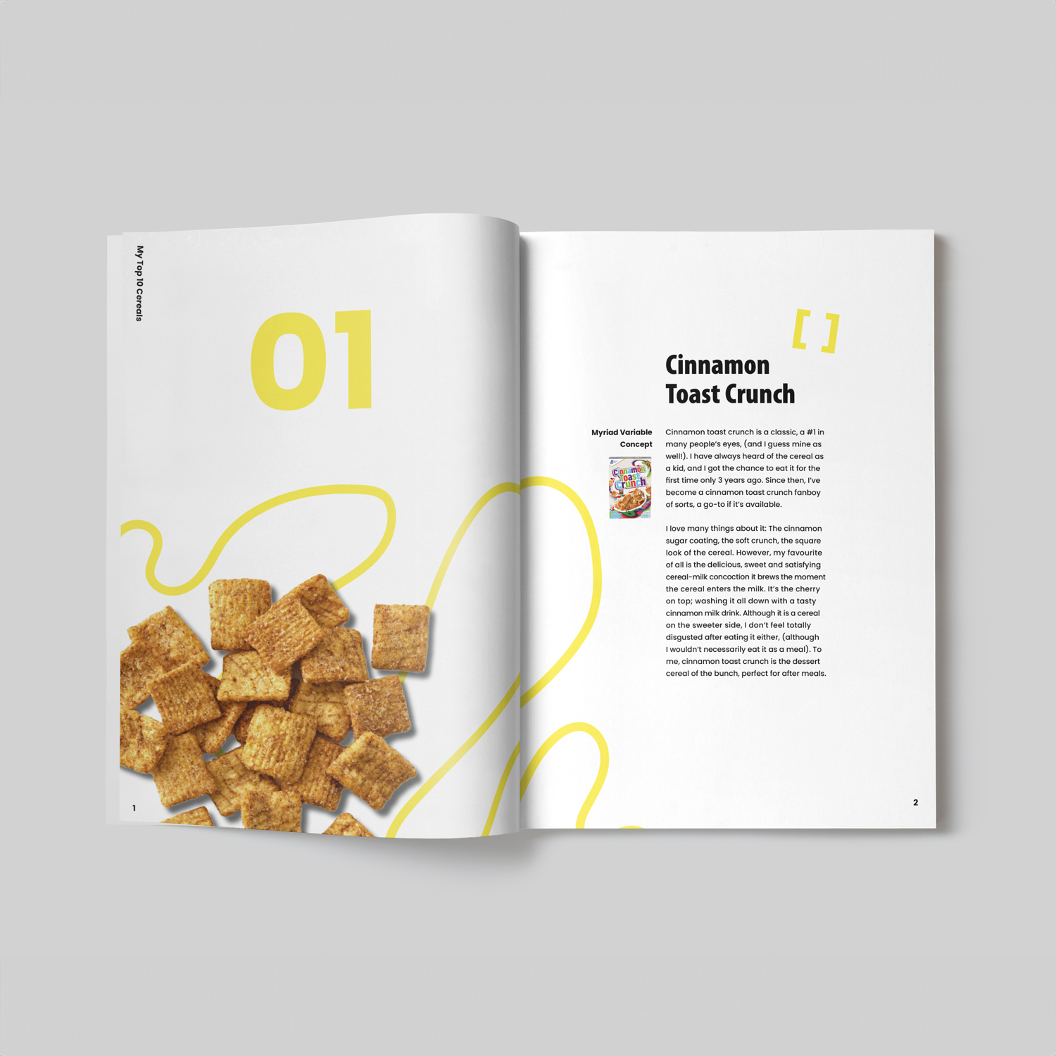 Top 10 cereals book and spread design.